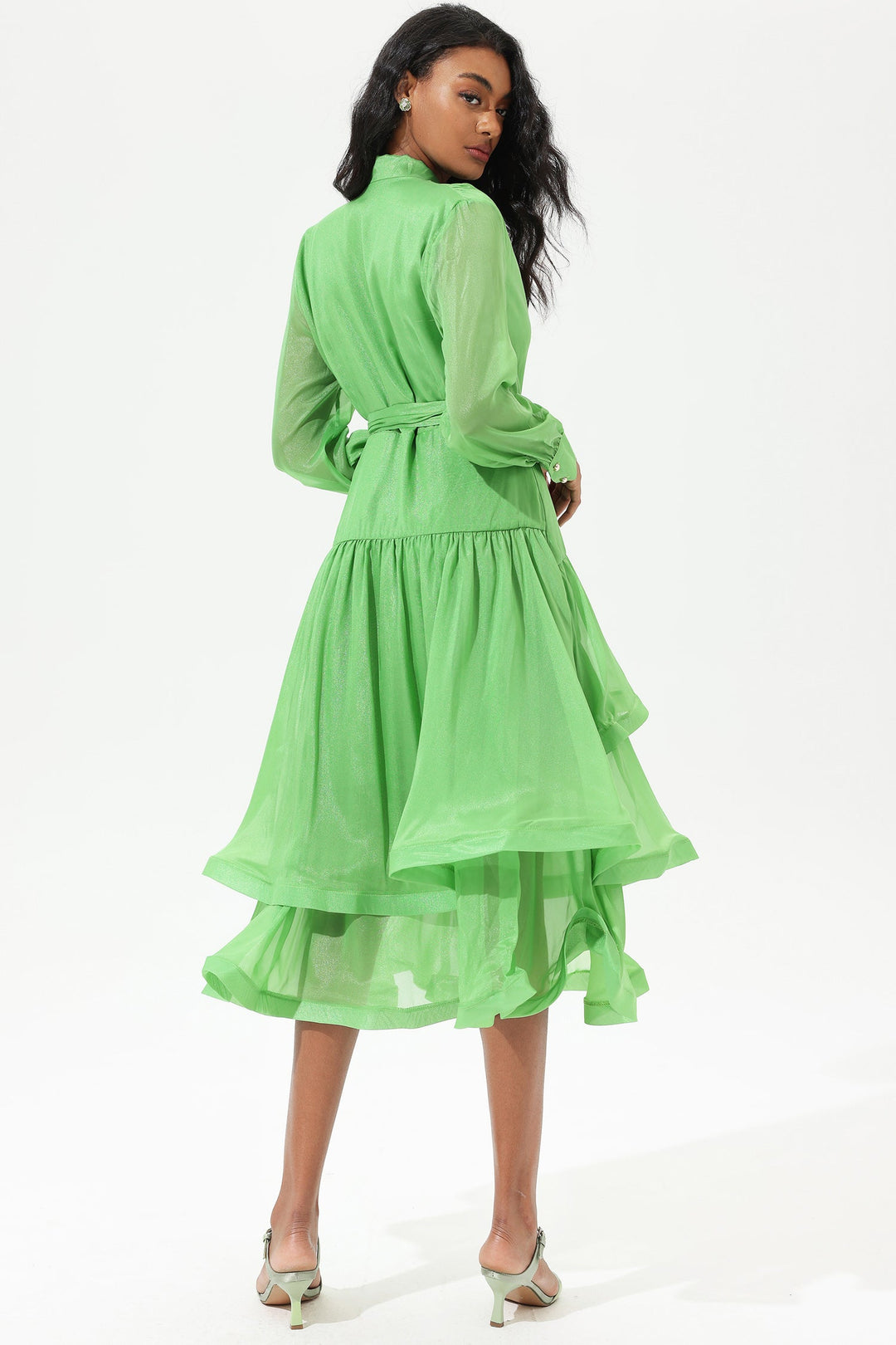 Lantern Sleeve V-Neck Lace Up Tiered Ruffled Midi Dress Green