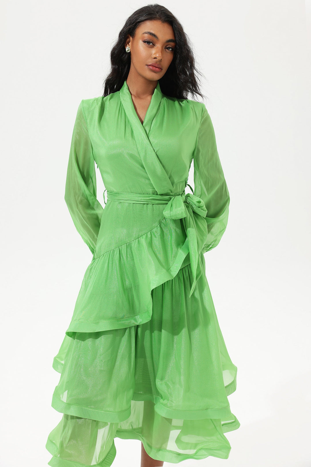 Lantern Sleeve V-Neck Lace Up Tiered Ruffled Midi Dress Green