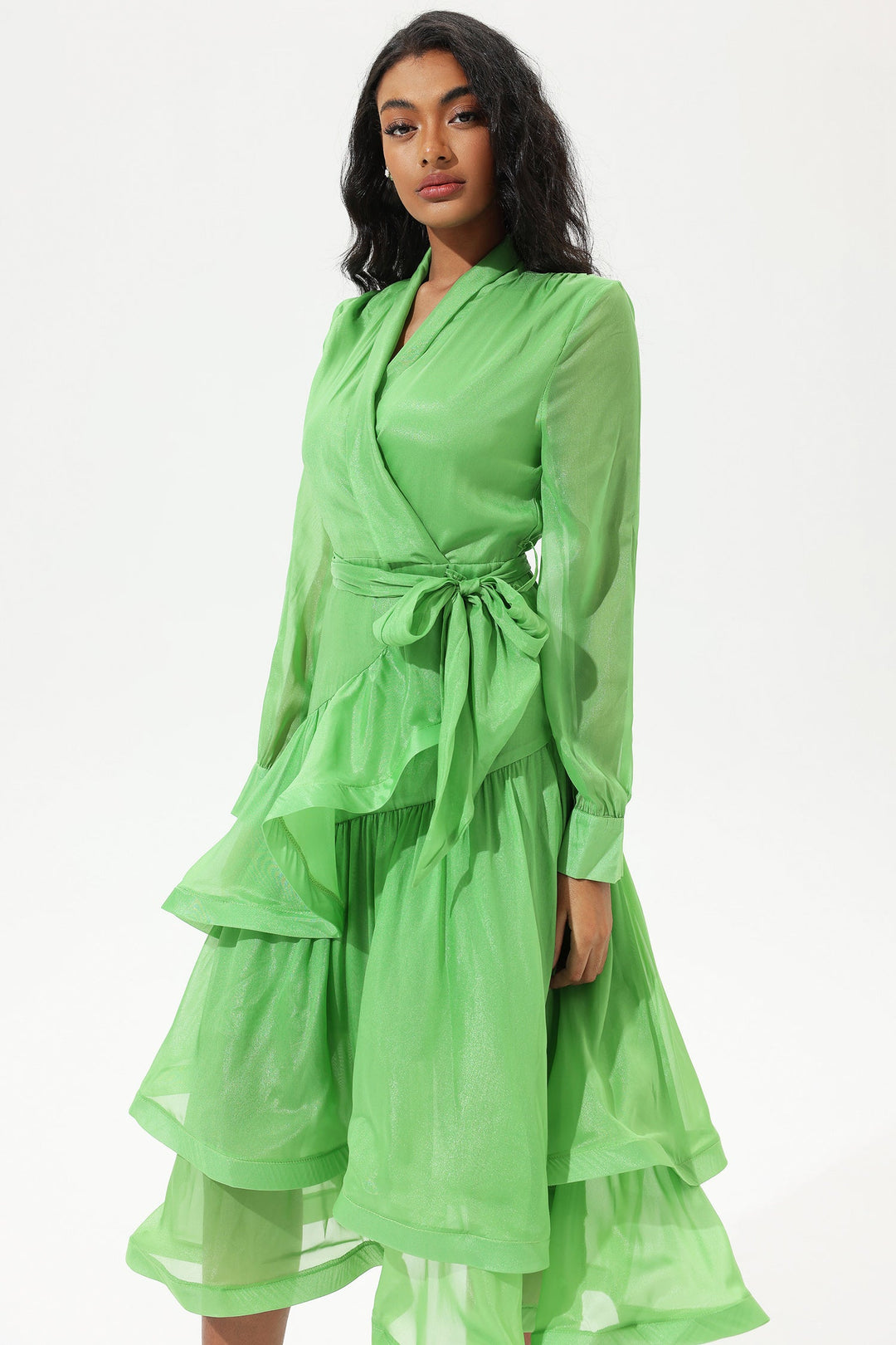 Lantern Sleeve V-Neck Lace Up Tiered Ruffled Midi Dress Green