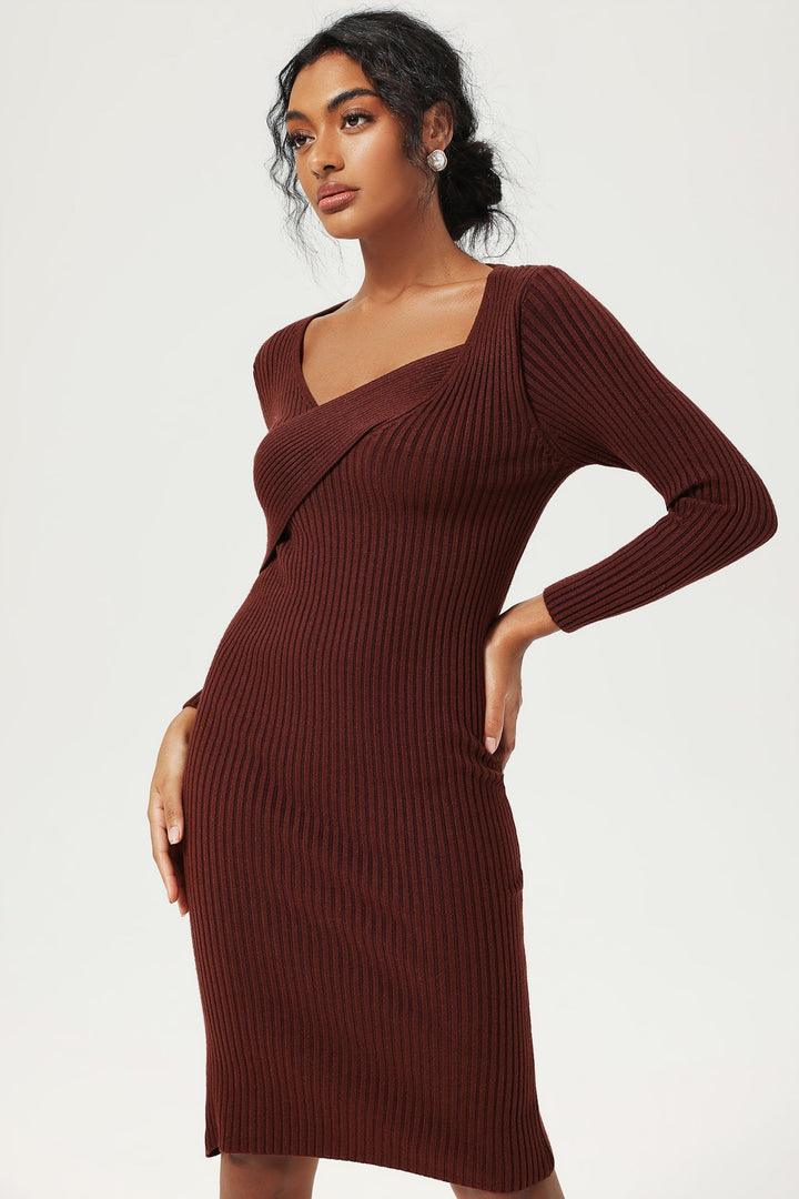 Long Sleeve Knit Midi Dress Brown