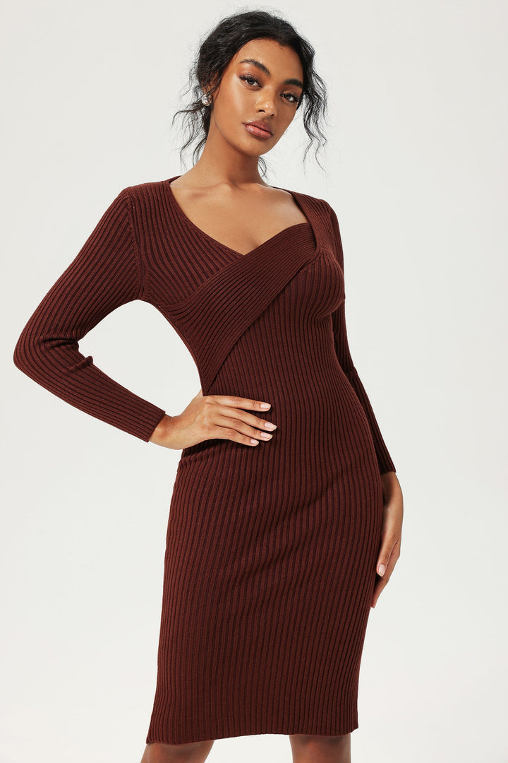 Long Sleeve Knit Midi Dress Brown