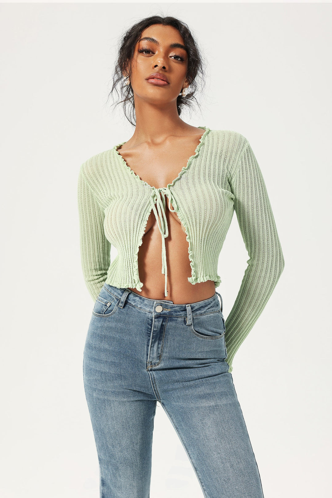 Long Sleeve Bow Tie Knit Top Green