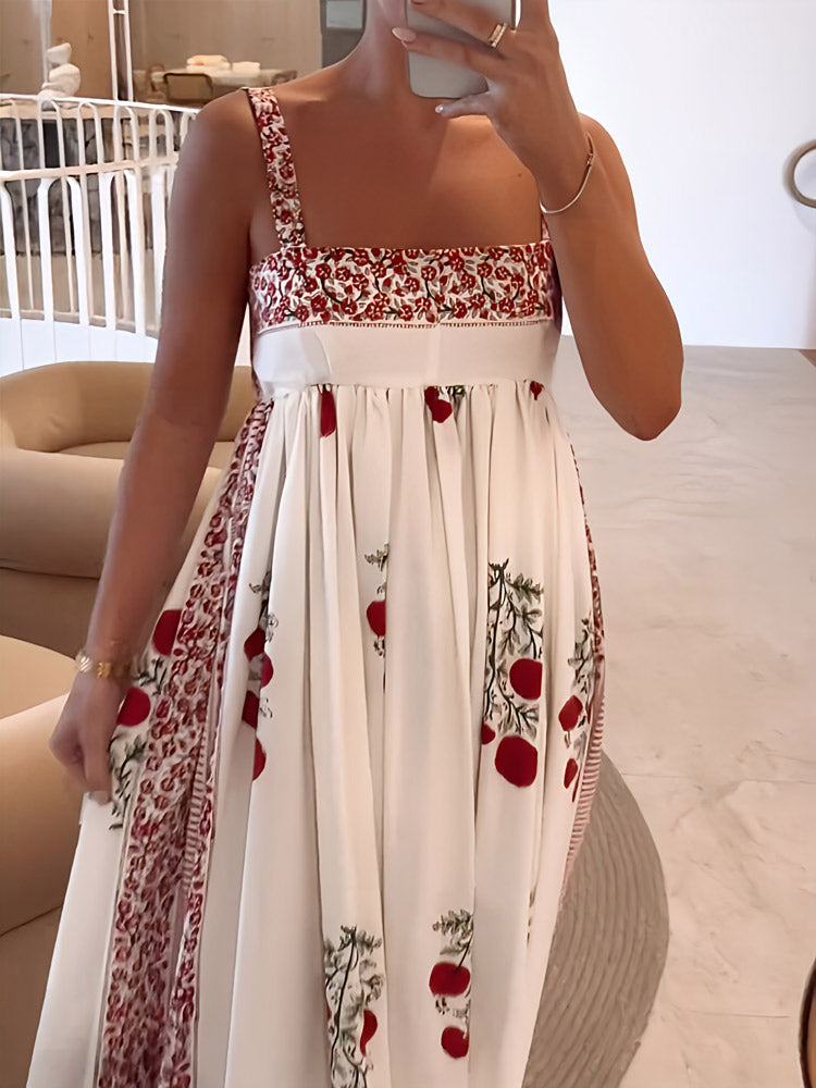 Square Neck Paneled Floral Print Maxi Dress