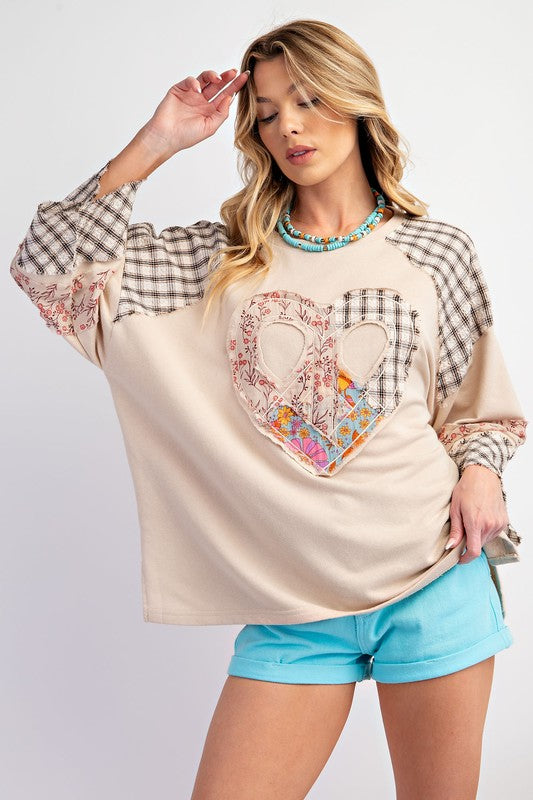 Floral Heart of Peace Print Patch Patchwork Long-Sleeved Sweatshirt