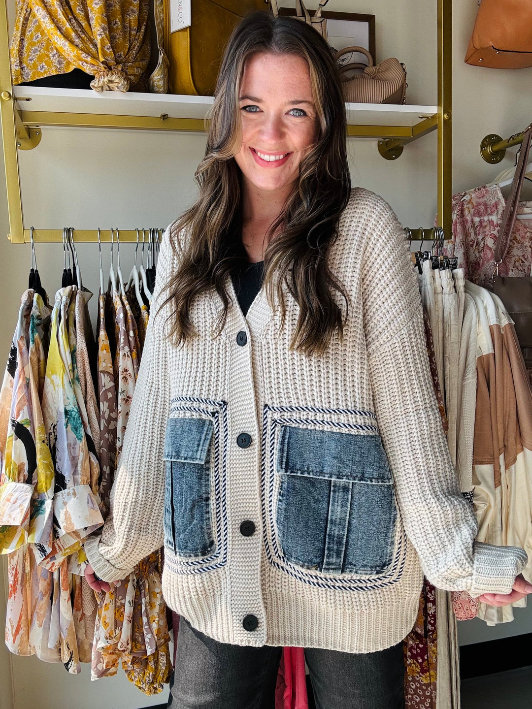 Uniek denim vest met patchworkzakken