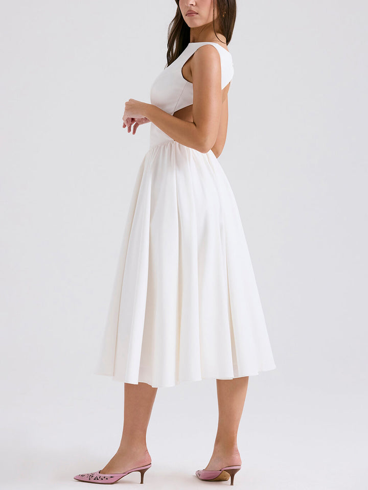 Stylish And Elegant Solid Color Round Neck Backless Sleeveless Midi Dress