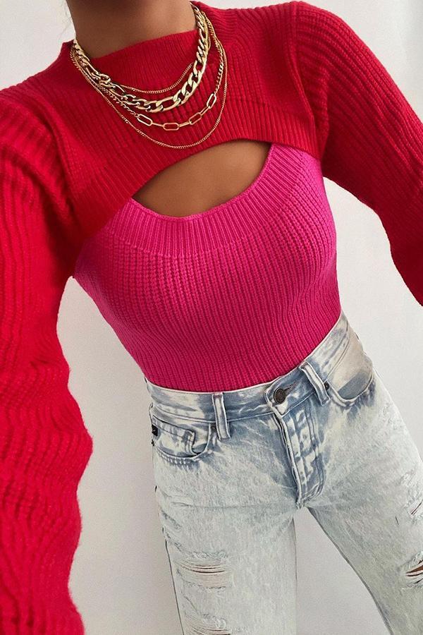 Varsity Colorblock Crop Knit Cutout Sweater