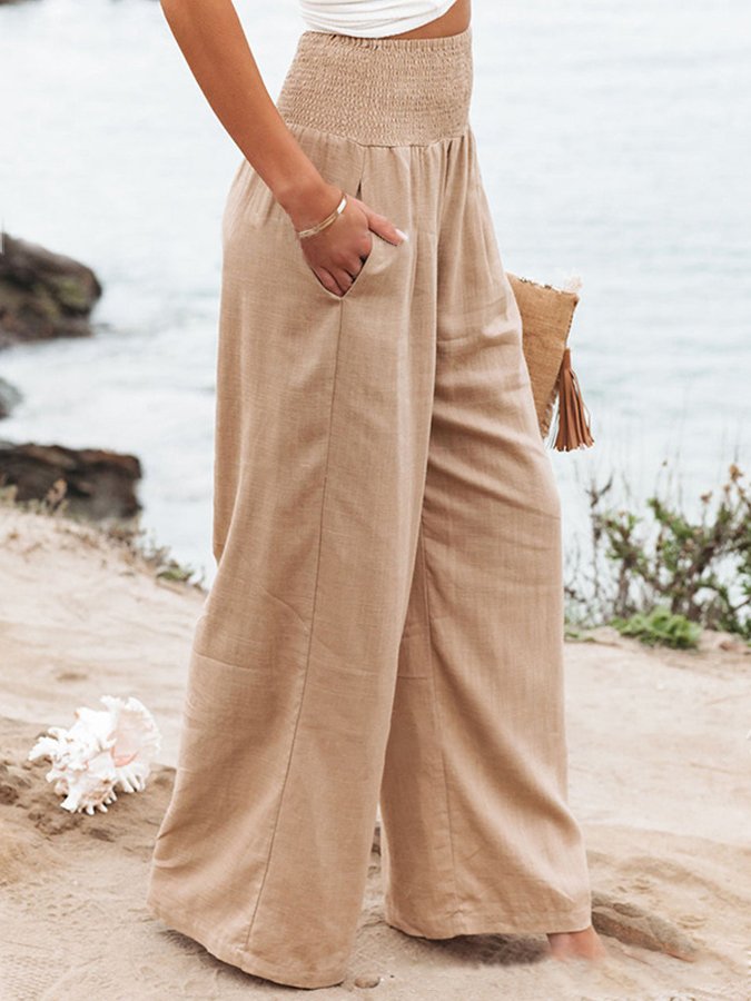 Women's Casual High Waist Trousers Solid Color Cotton Linen Loose Wide Leg Pants