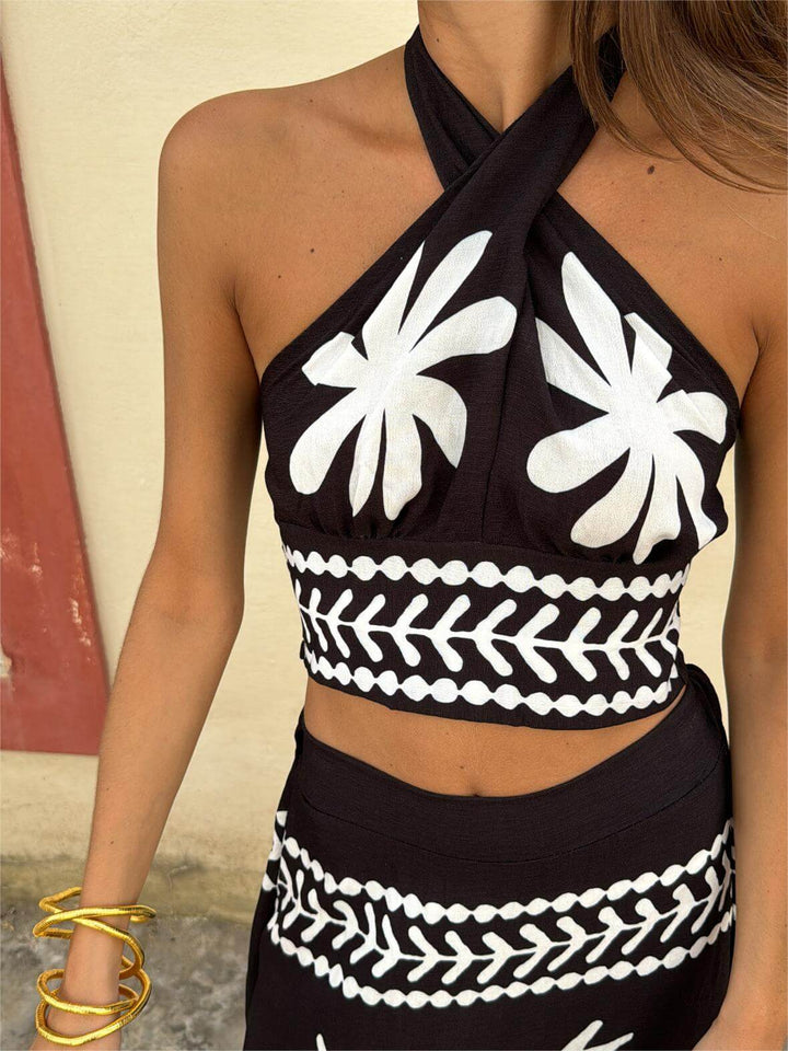 Palm Tree Halter Top Skirt Set