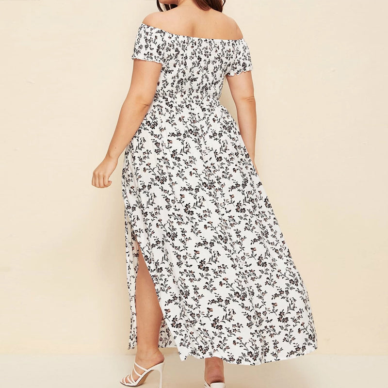 Plus-Size Bohemian Print Plisserad off-the-shoulder slits Casual midiklänning