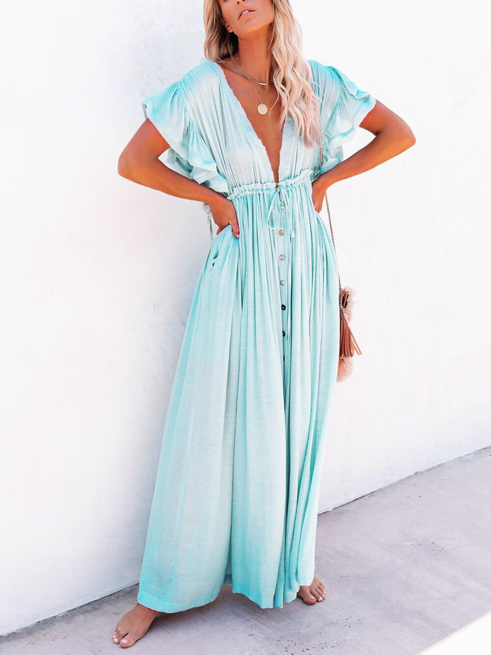 Abito maxi Boho da spiaggia perfetto in lino e cotone con bottoni