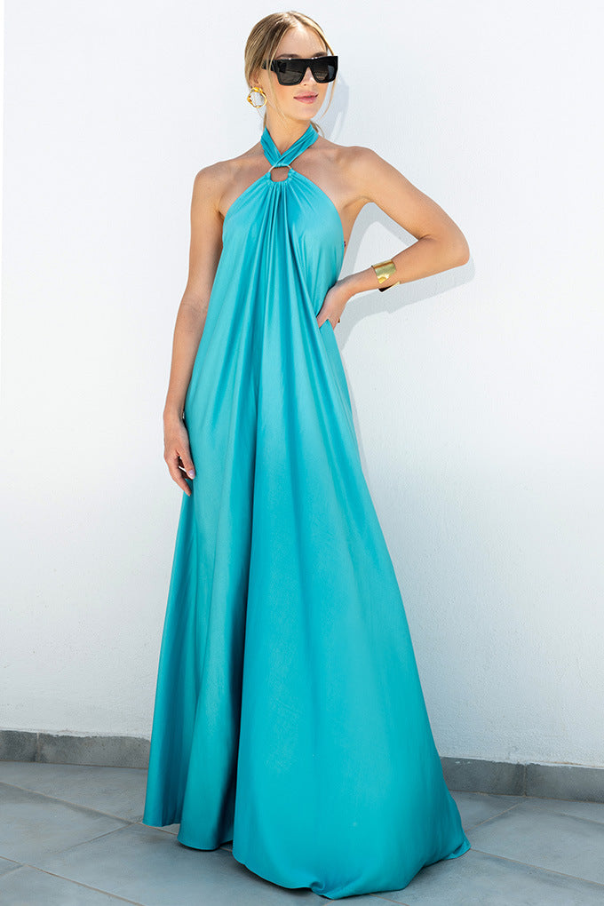 Backless Halter Neck Satin Elegant Maxi Dress