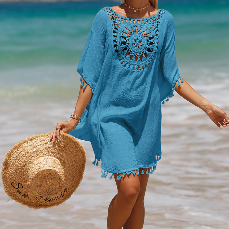 Blusa de playa de girasol con flecos sueltos de ganchillo a mano