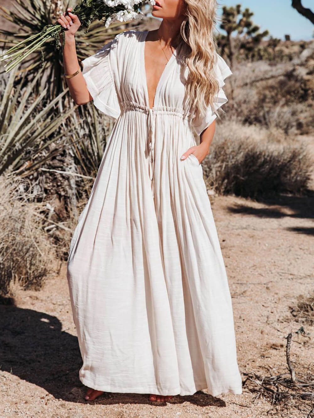 Abito maxi Boho da spiaggia perfetto in lino e cotone con bottoni