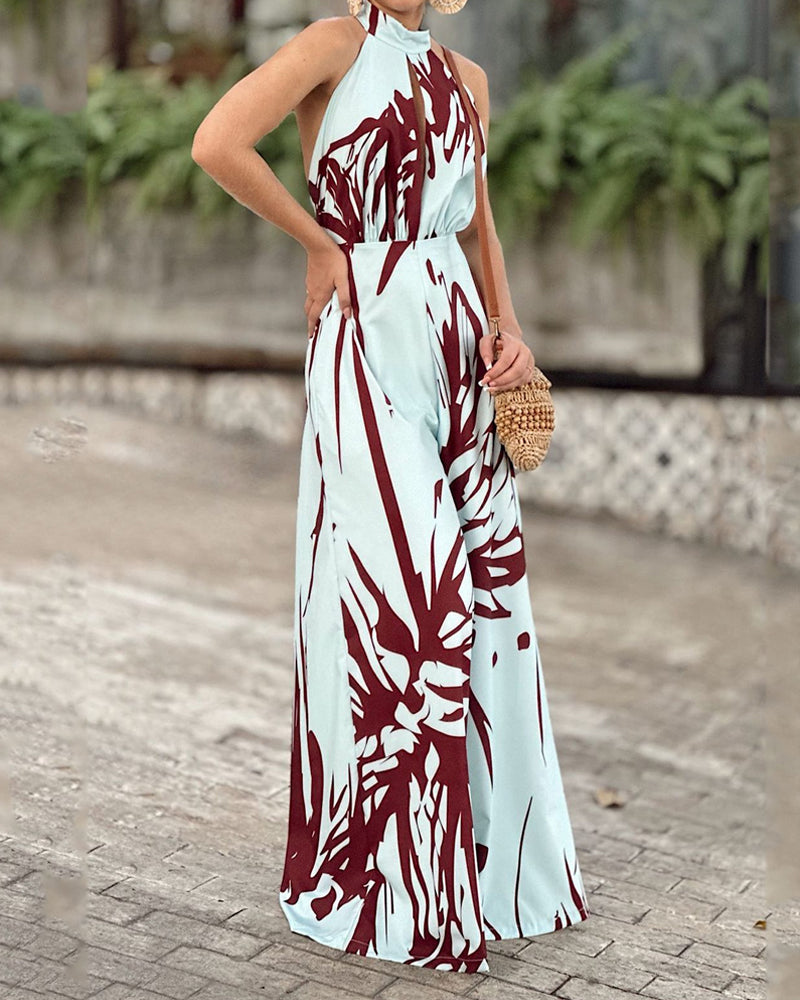 Casual Halter Neck Open Back Printed Jumpsuit