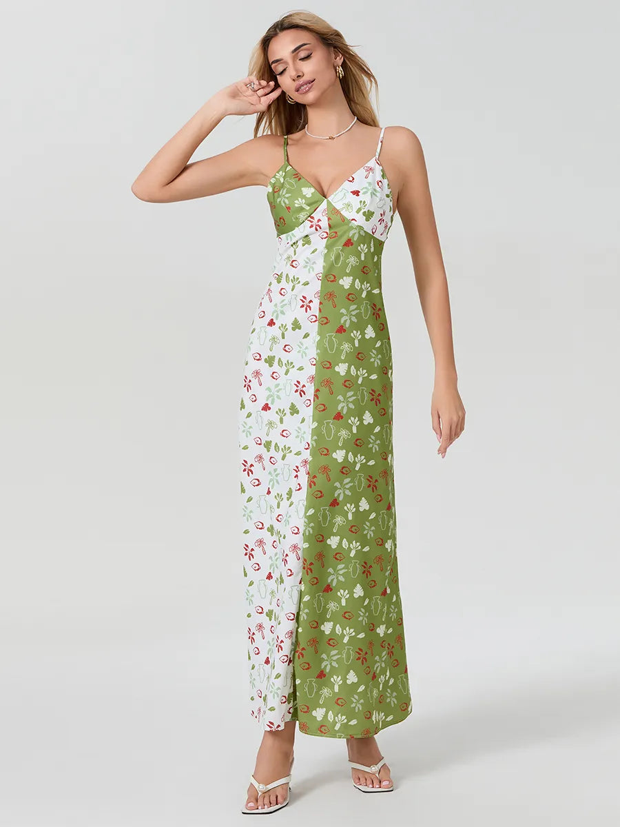 Color Contrast Print Patchwork Halter Maxi Dress