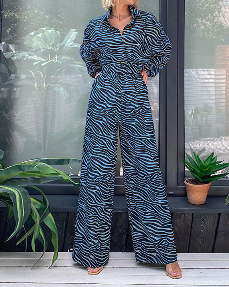 Fashion Print Lapel Long Sleeve Loose Jumpsuit