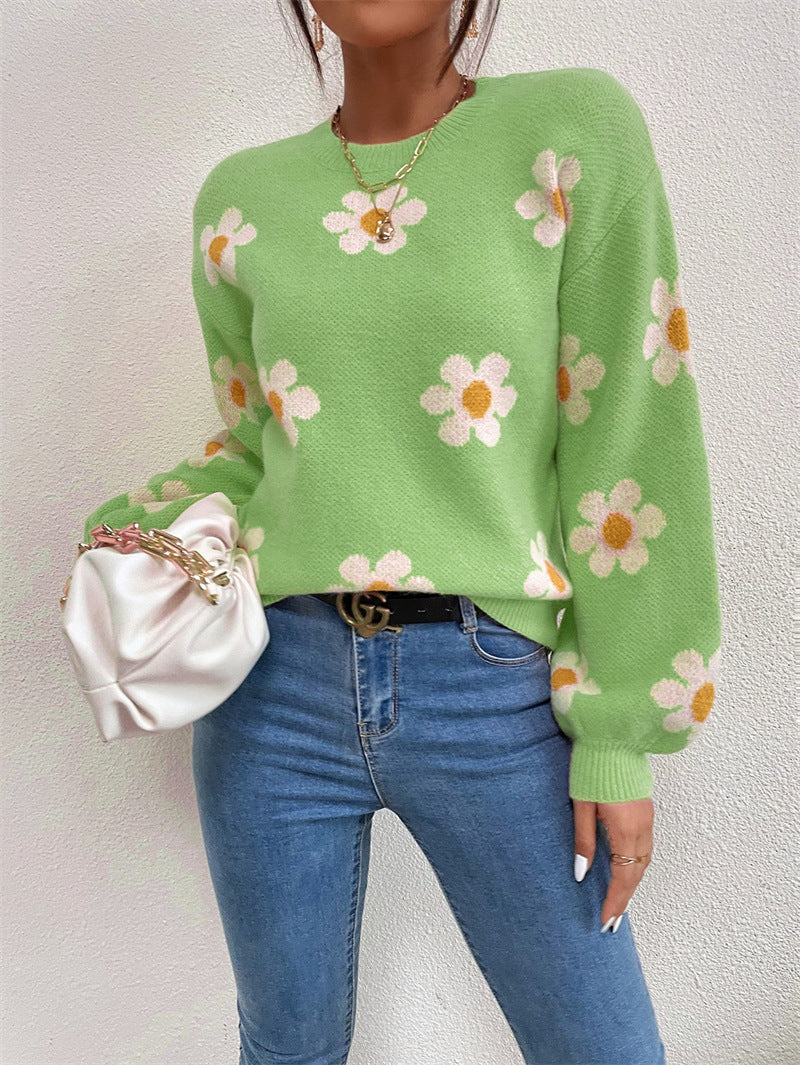 Floral Round Neck Jacquard Knitted Sweater Women's Top