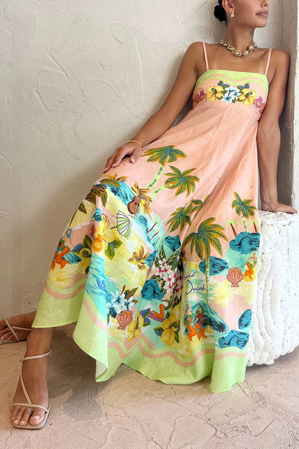 Vestido midi com estampa tropical e mistura de linho com cenário de coco