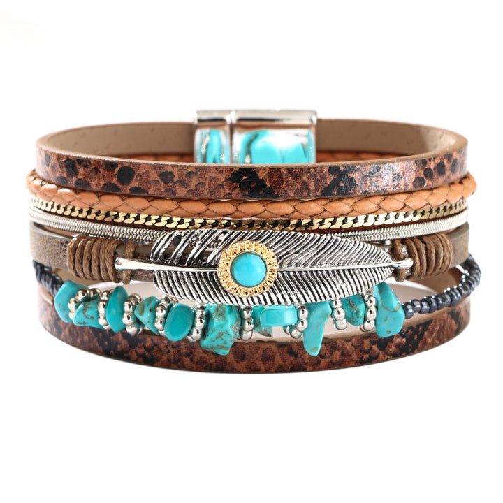 Feather Bracelet Wrist Ring Gravel Multi-Layer Leather Bracelet