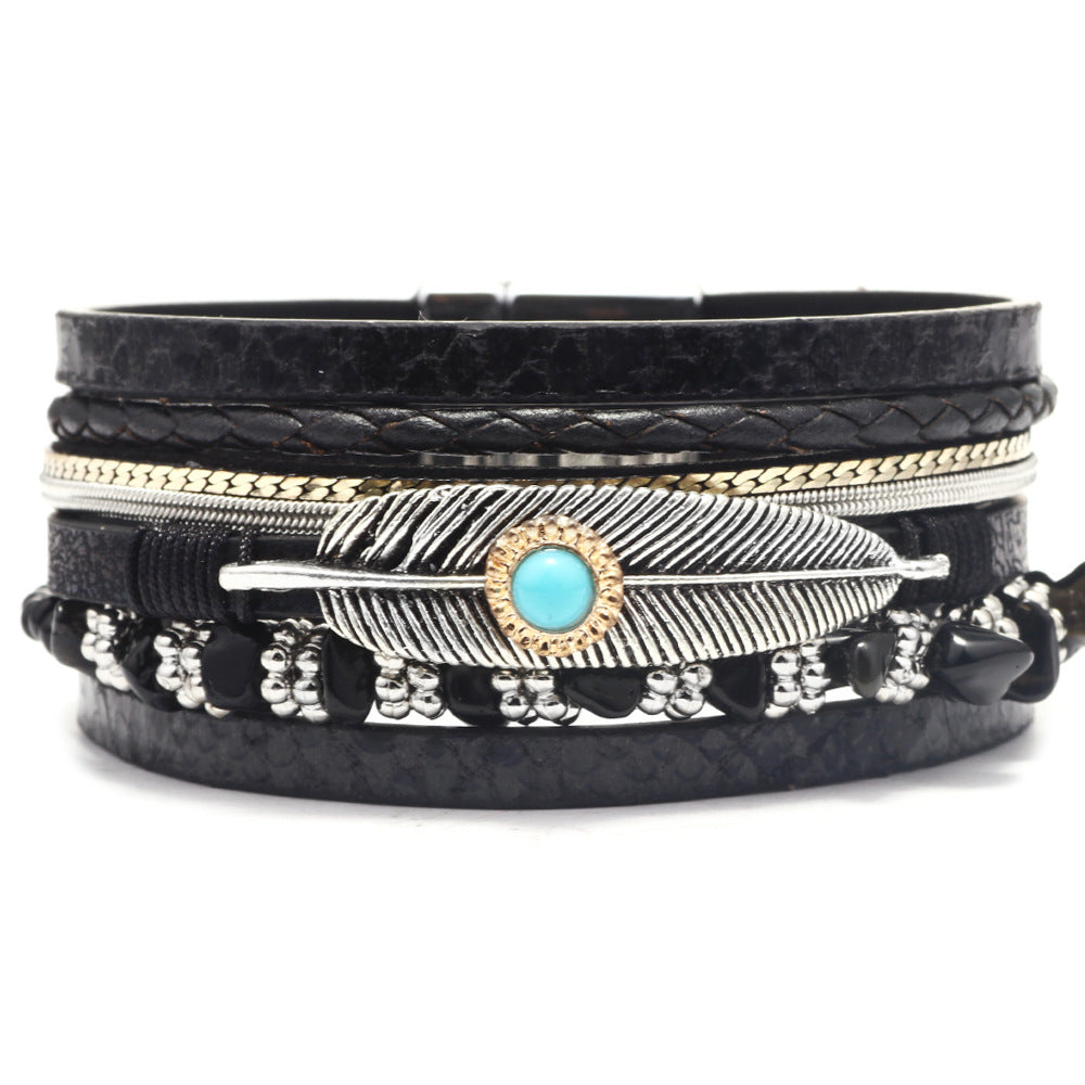 Feather Bracelet Wrist Ring Gravel Multi-Layer Leather Bracelet