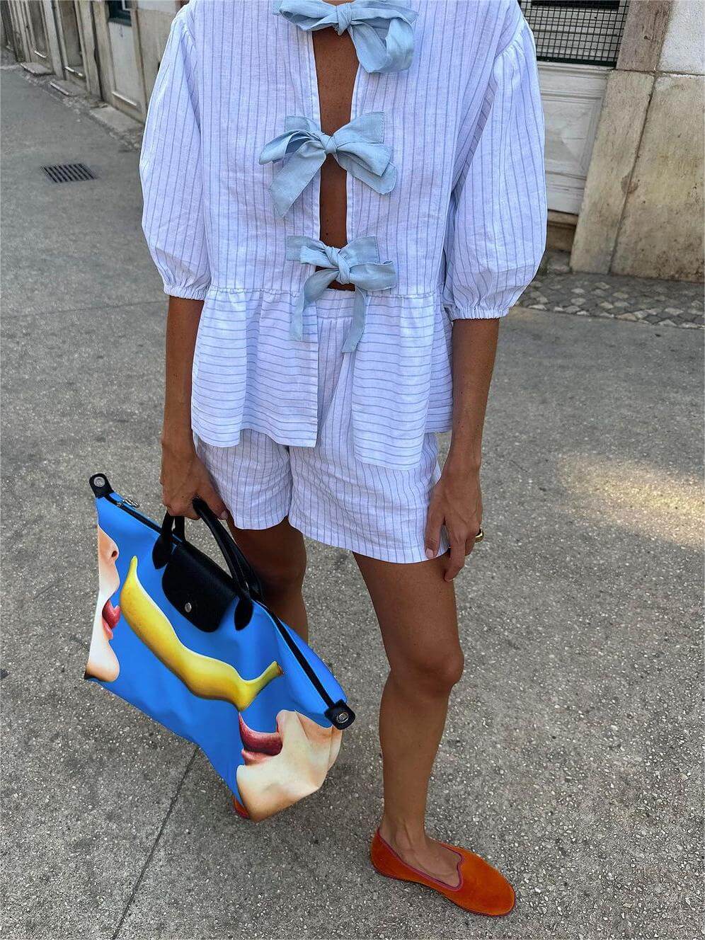 Blue Bow Striped Blouse Set