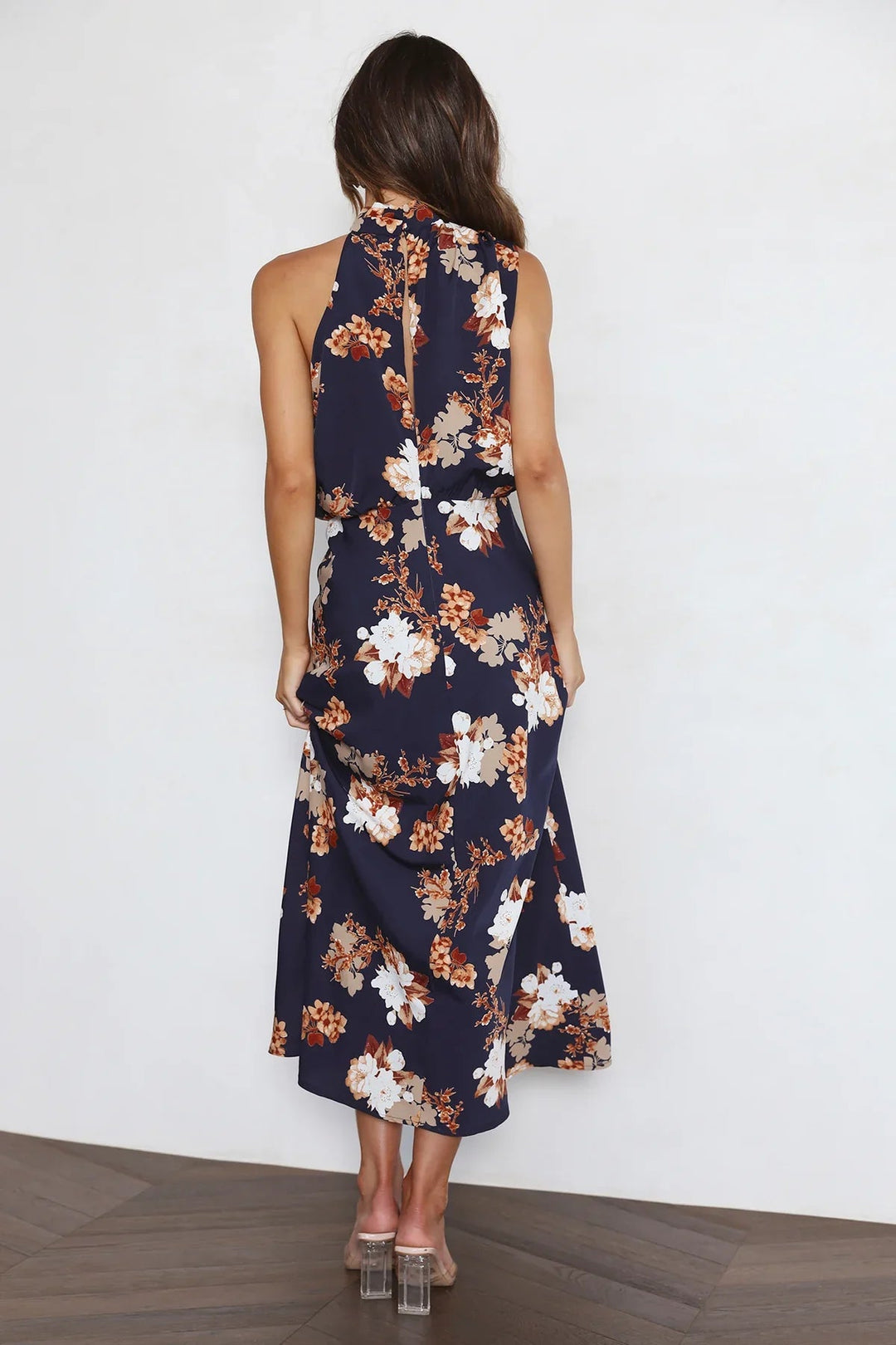 Wine Country Dates Floral Halter Neck Elastic Waist Maxi Dress