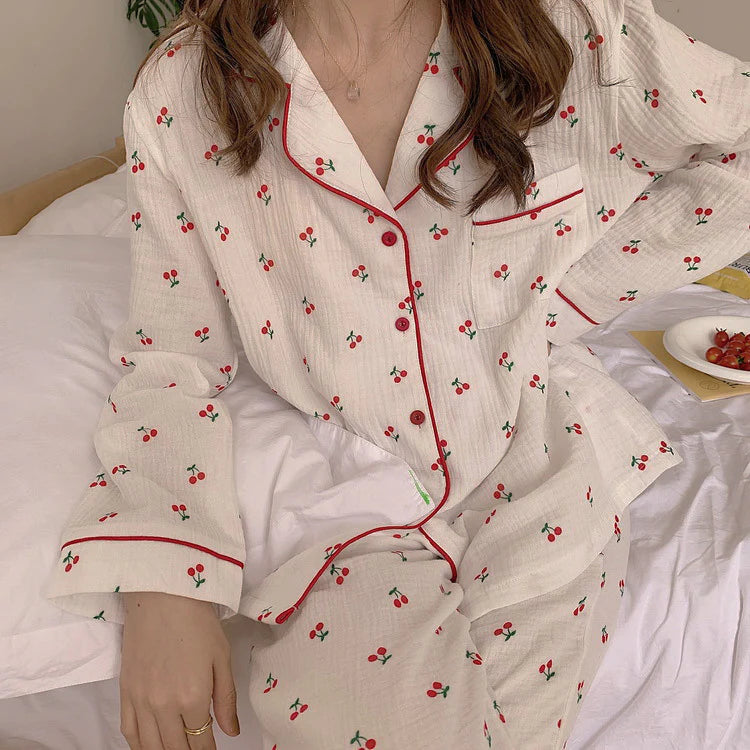 Cherry Piping Long Sleeve Pajama Set