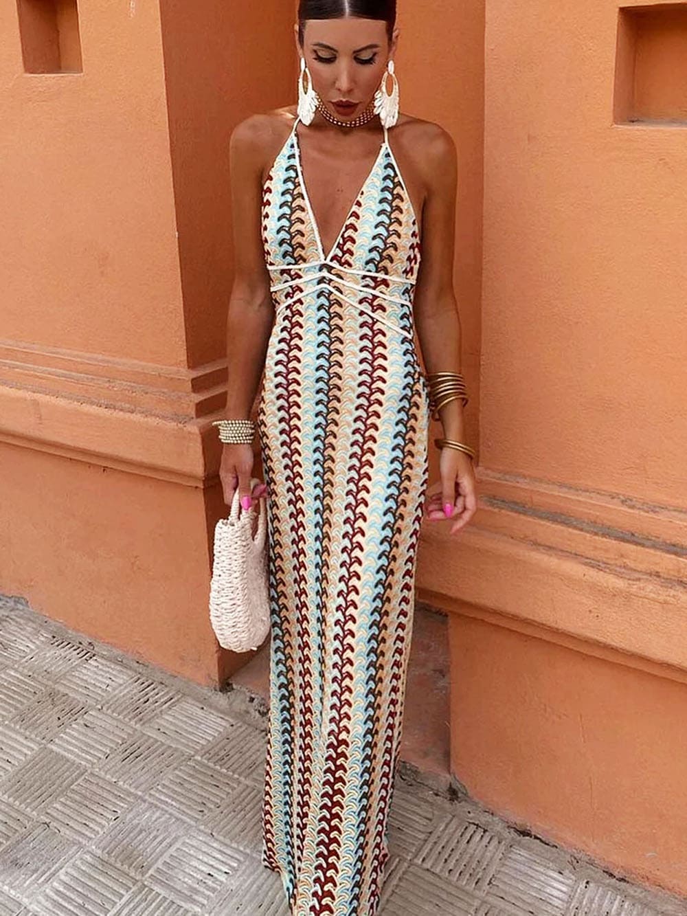 Halter V Neck Backless Boho Pattern Knit Slim-Fit Vacation Maxi Dresses