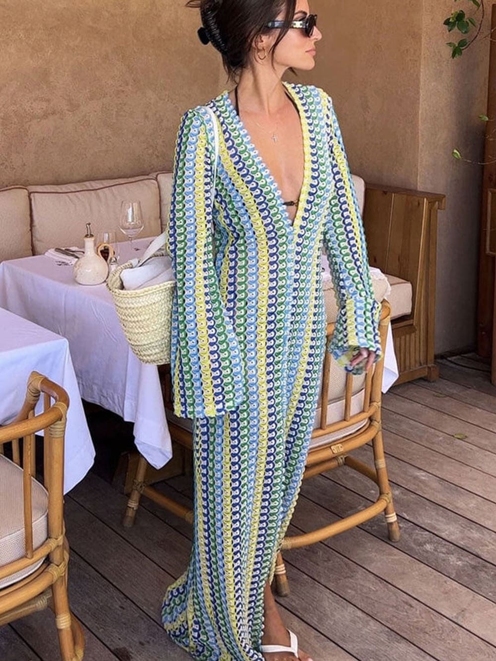 Vestido maxi boho com decote em V, manga sino, listrado ondulado, crochê, férias na praia