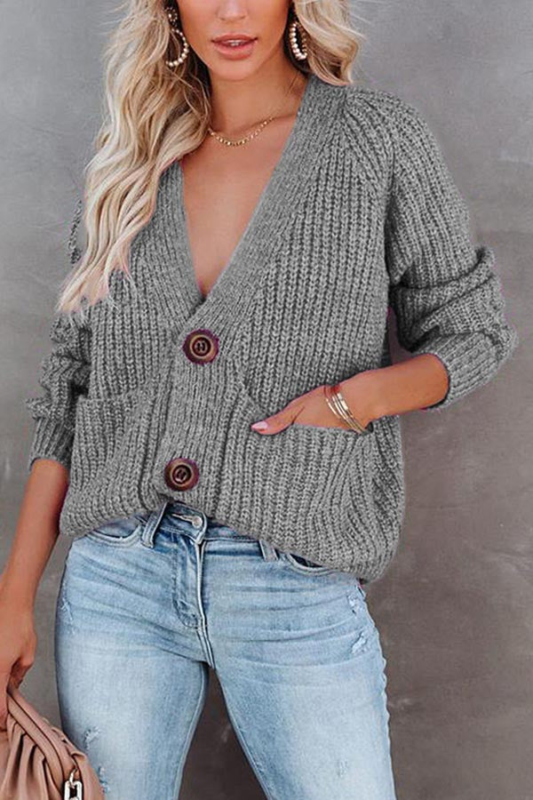 Solid V-Neck Cardigan Single Breasted Long Sleeve Sweater Jacket