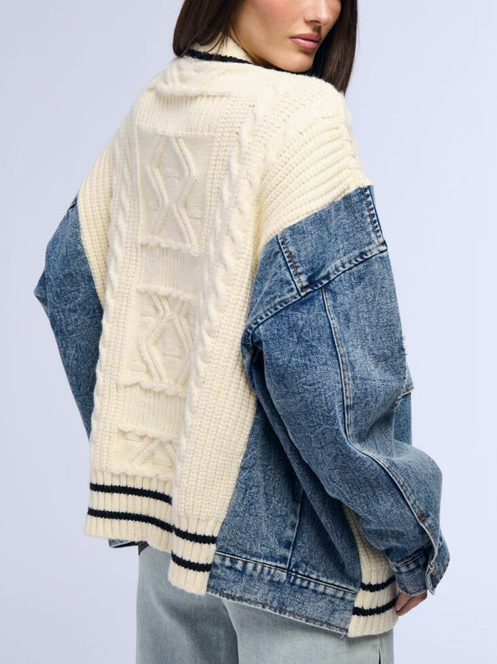 Unique Denim Patchwork Cable Knitted Cardigan