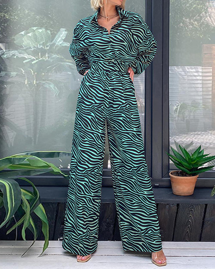 Fashion Print Lapel Long Sleeve Loose Jumpsuit