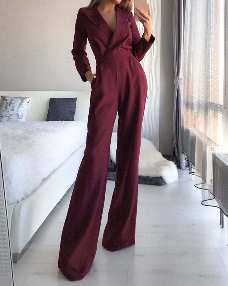 Long-sleeved Slim Solid Color Jumpsuit