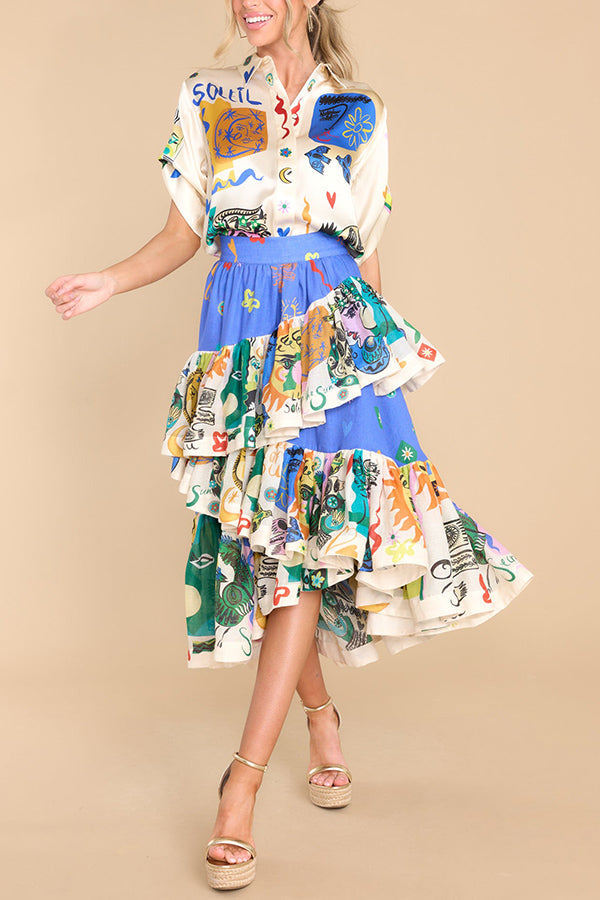 Sandy Sunshine Unique Print Irregular Ruffles Tiered Midi Skirt