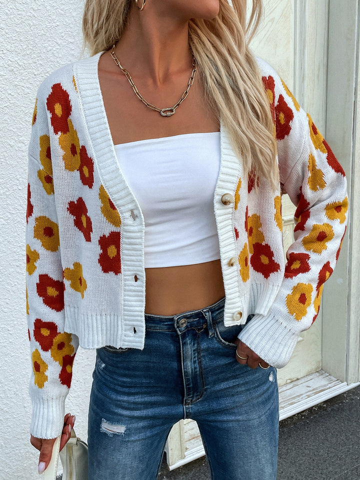 Long Sleeve Floral High Waist Knit Cardigan