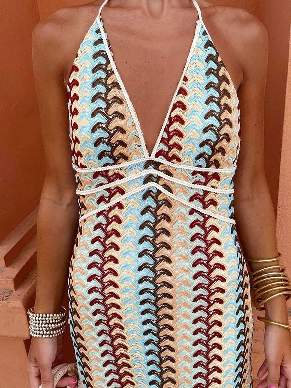 Vestidos largos de vacaciones ajustados de punto con estampado bohemio sin espalda con cuello en V y cuello halter