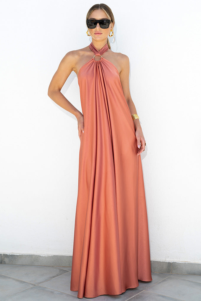 Backless Halter Neck Satin Elegant Maxi Dress