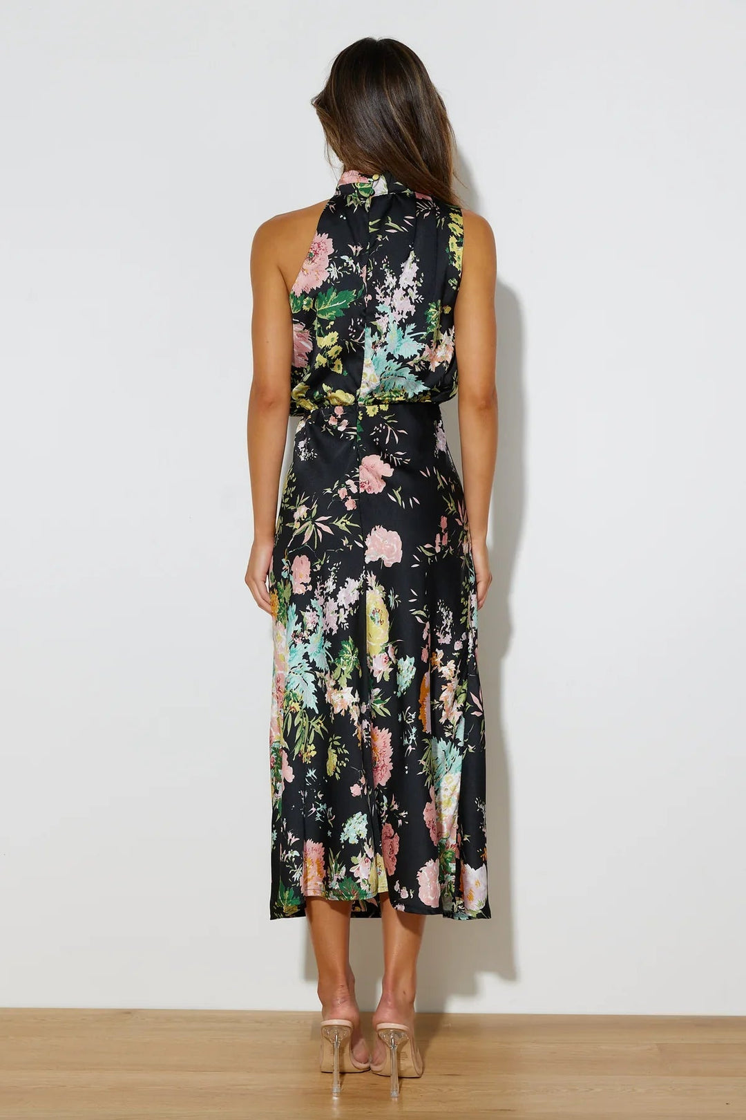 Wine Country Dates Floral Halter Neck Elastic Waist Maxi Dress