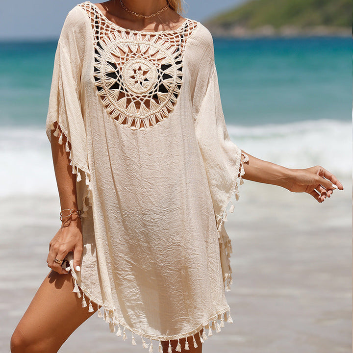 Handgehaakte losse franje zonnebloem strandblouse cover-up