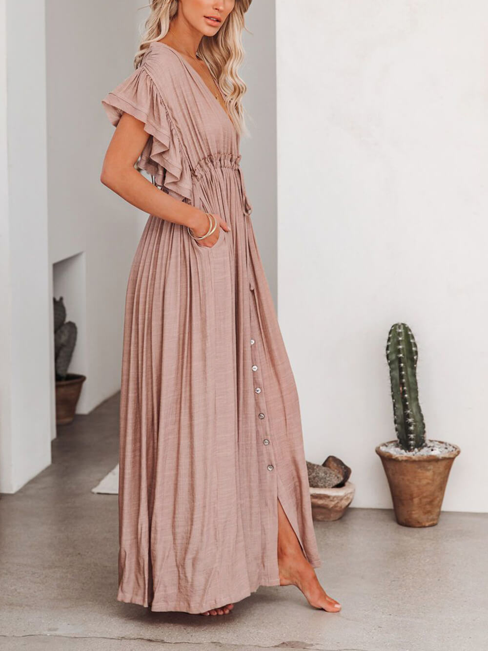 Knopf Baumwollleinen Perfektes Strand-Boho-Maxikleid