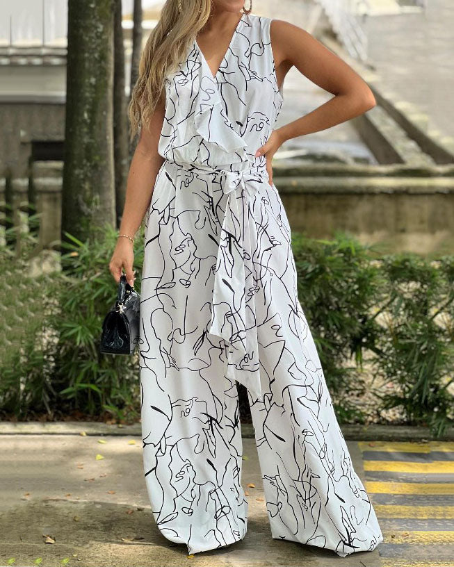 Sleeveless Lineart Print Jumpsuit