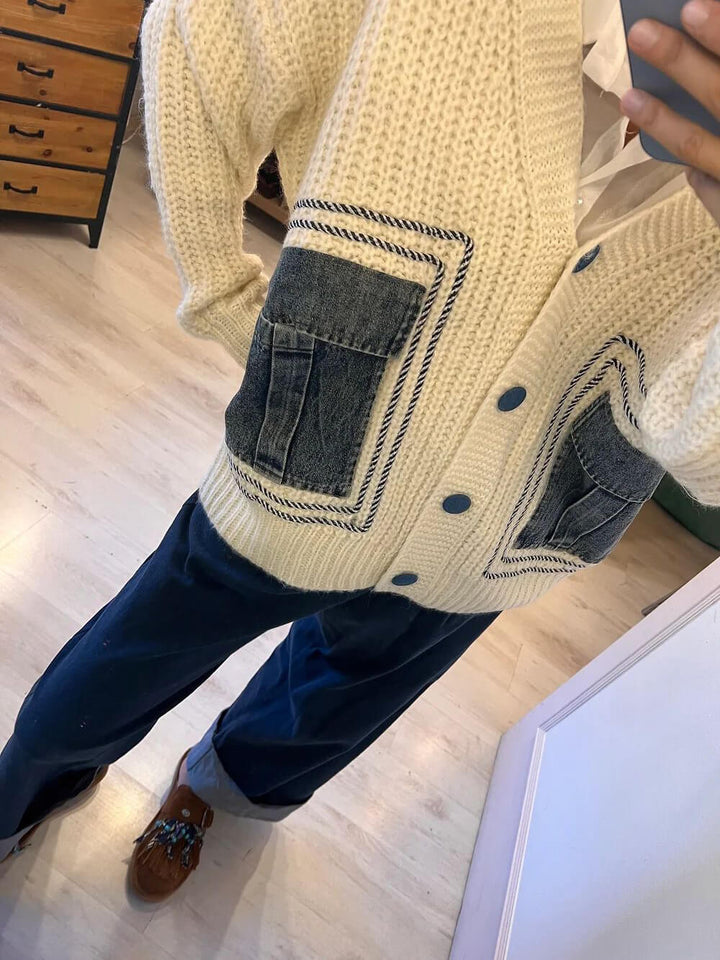 Unik cardigan med patchworkfickor i denim