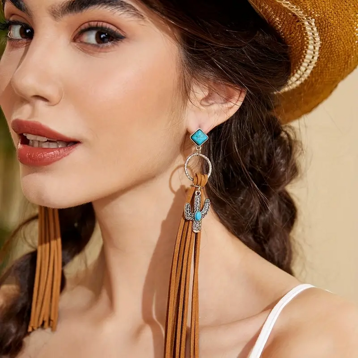 Pendientes colgantes con borlas largas con incrustaciones de turquesa y cuero artificial, estilo vaquero bohemio, decoración única para las orejas