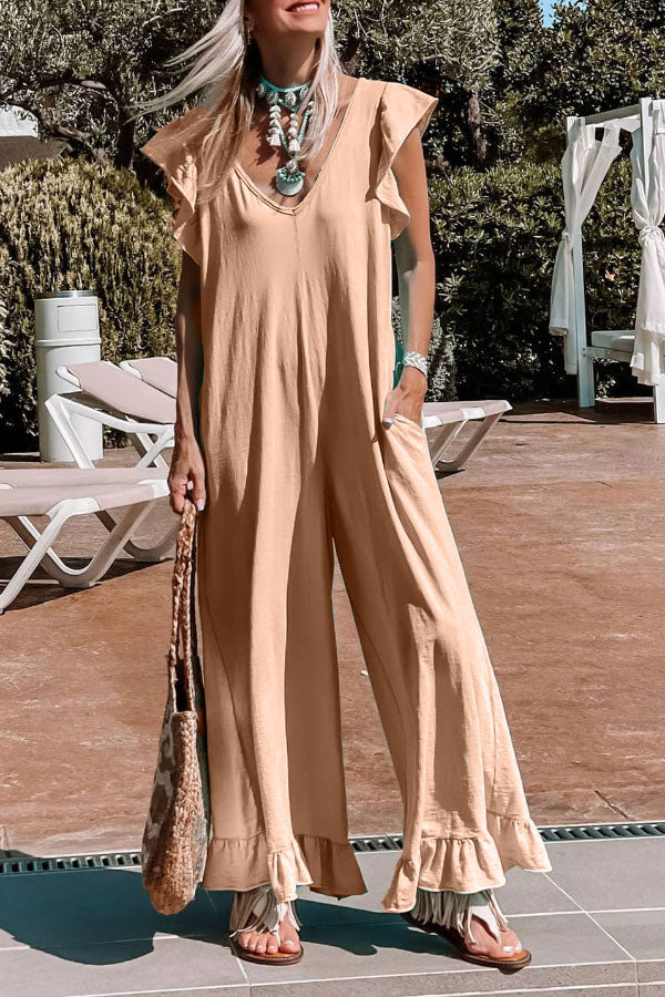 Summer comfortable V-neck ruffled jumpsuit