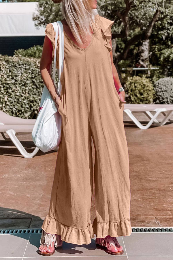 Summer comfortable V-neck ruffled jumpsuit