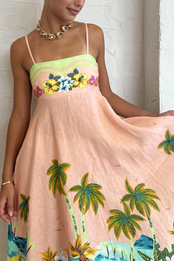 Vestido midi com estampa tropical e mistura de linho com cenário de coco