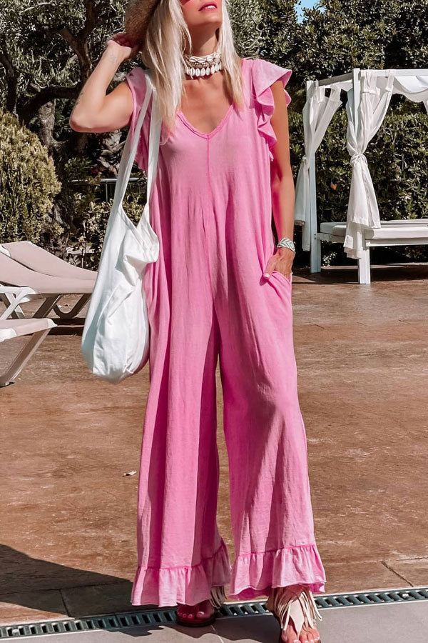 Summer comfortable V-neck ruffled jumpsuit