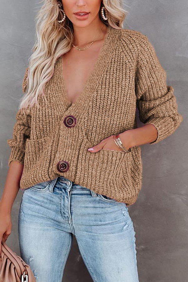 Solid V-Neck Cardigan Single Breasted Long Sleeve Sweater Jacket