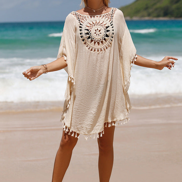 Blusa de playa de girasol con flecos sueltos de ganchillo a mano